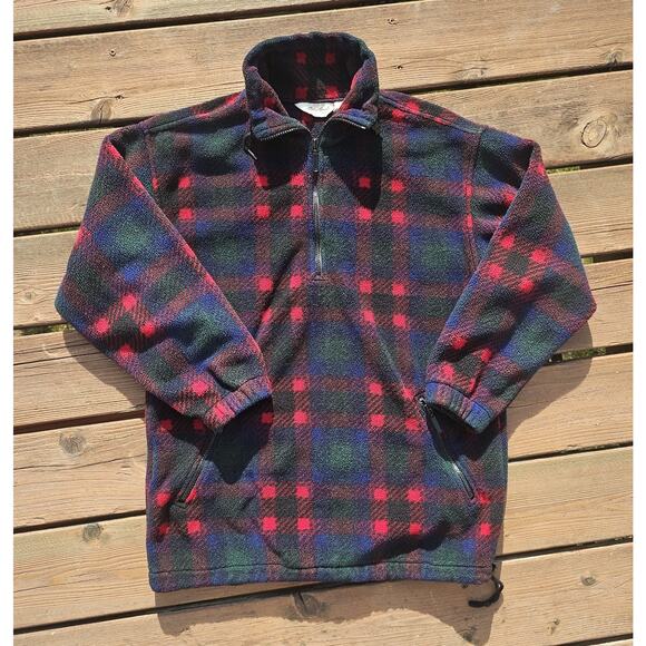 Vtg Eddie Bauer Fleece 1/4 Zip Pullover Women Small S Blue Red Plaid Long Sleeve - Picture 1 of 7